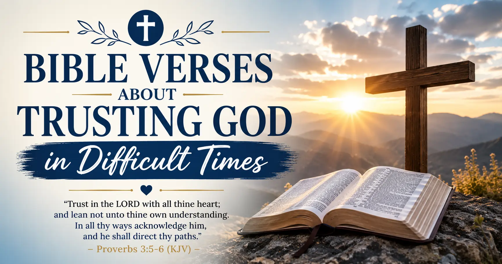 Bible Verses About Trusting God in Difficult Times (KJV) featuring an open Bible, wooden cross, and sunrise representing God's faithfulness and hope.