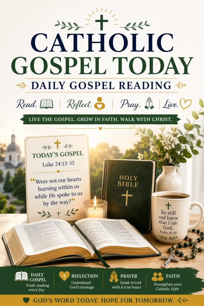 Catholic Gospel Today Daily Gospel Reading with Holy Bible, prayer, Scripture reflection, rosary, and Christian faith encouragement.