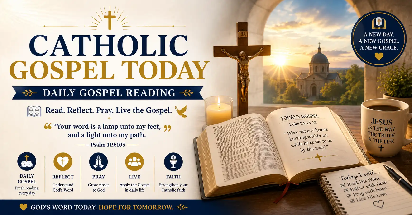 Catholic Gospel Today daily Gospel reading with an open Bible, crucifix, candle, and Christian reflection and prayer.