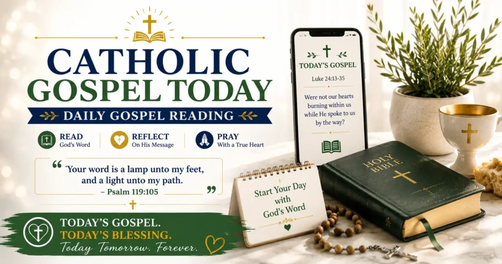 Catholic Gospel Today daily Gospel reading with an open Bible, crucifix, candle, and Christian meditation and prayer.