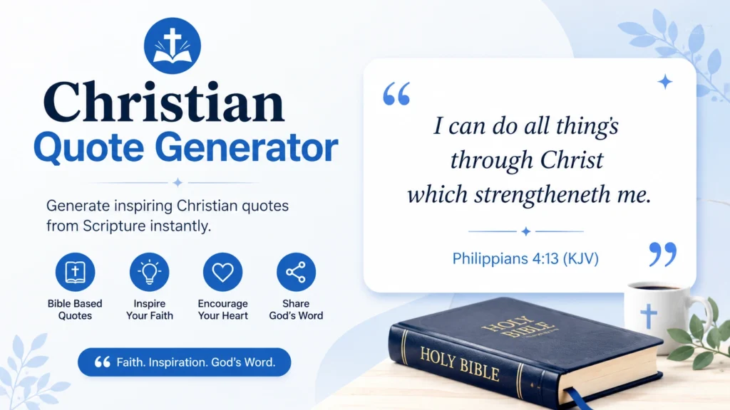 Christian Quote Generator onscreen showing Bible-style quotes, open HolyBible, and the simple Christian-themed design used for faith-centered inspirational quotes.