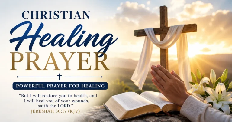 Christian Healing Prayer Glorified image included a cross, an open Holy Bible, praying hands, white lilies, and a sunrise representing God's healing and hope.