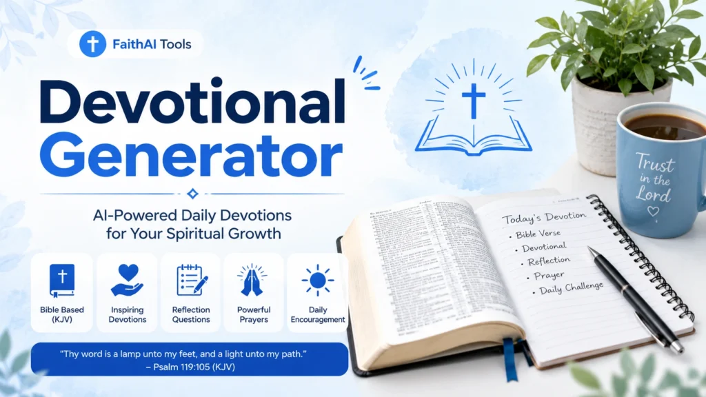 AI Devotional Generator featuring an open Bible, devotional journal, prayer notebook, and Bible-based daily devotional creation for Christian spiritual growth.