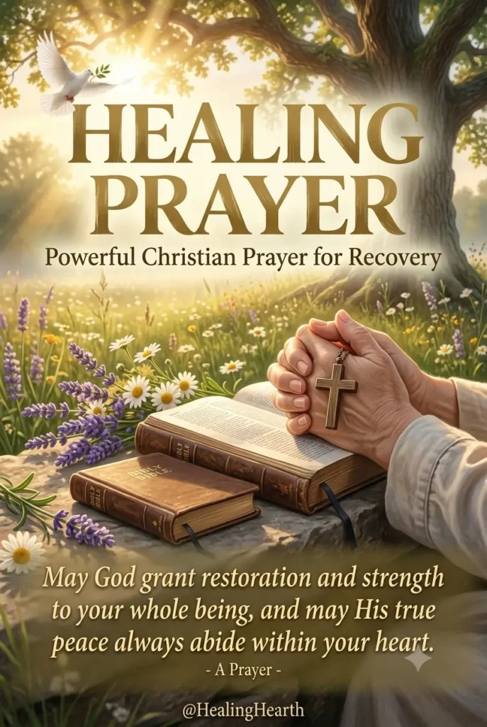 An inspiring Pinterest image featuring hands holding a wooden cross over an open Bible. The background shows a peaceful landscape with a white dove under beautiful morning sunlight, with the text 'Healing Prayer (Powerful Christian Prayer for Recovery)