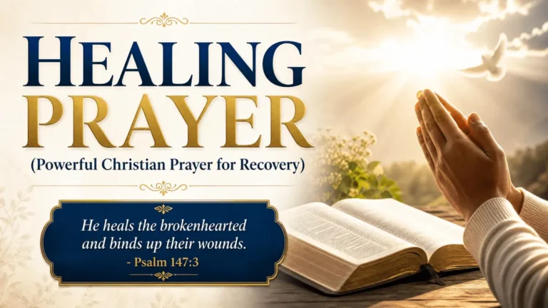 Healing Prayer featured image with a wooden cross, open Holy Bible, praying hands, soft sunlight, white lilies, and a peaceful Christian background symbolizing God's healing and recovery.