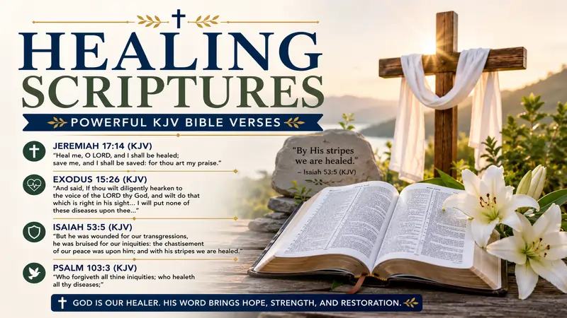Healing Scriptures icon image of an opened Holy Bible, wooden cross with white cloth, sunrise, white lilies, and Jeremiah 17.14 (KJV) representing God's healing promises.