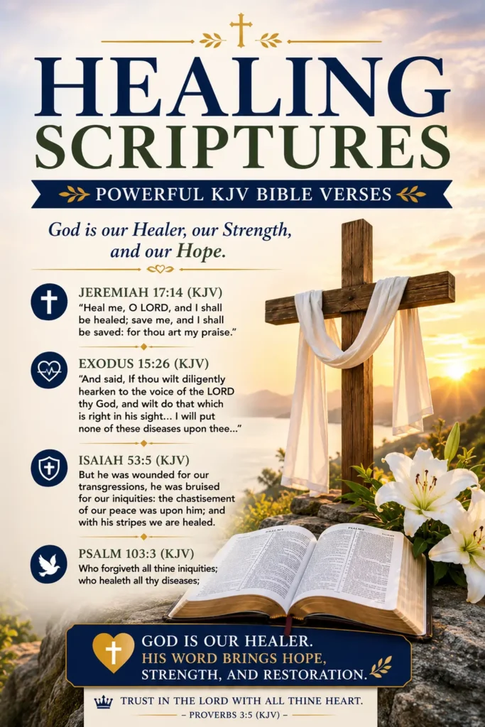 Healing Scriptures Pinterest image featuring an open Holy Bible, wooden cross, sunrise, white lilies, and inspiring KJV Bible verses about God's healing and hope.