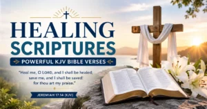 Healing Scriptures featured image showing an open Holy Bible, wooden cross with white cloth, sunrise, white lilies, and Jeremiah 17:14 (KJV), representing God's healing promises.