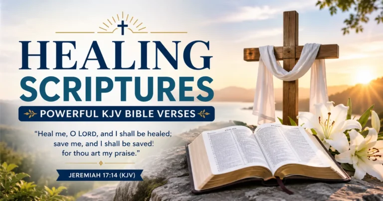 Healing Scriptures featured image showing an open Holy Bible, wooden cross with white cloth, sunrise, white lilies, and Jeremiah 17:14 (KJV), representing God's healing promises.
