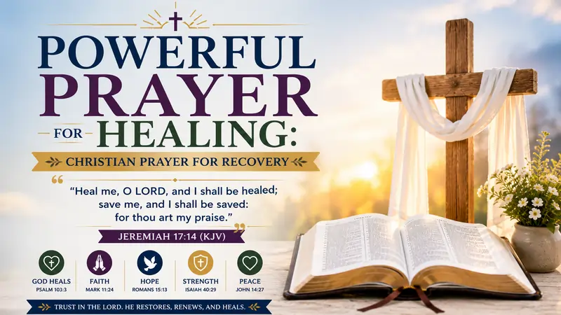 A strong prayer for healing with a holy cross of wood, Holy Bible open, close-up of a few lilies, a sunrise, and Jeremiah 17:14 (KJV) was the image.