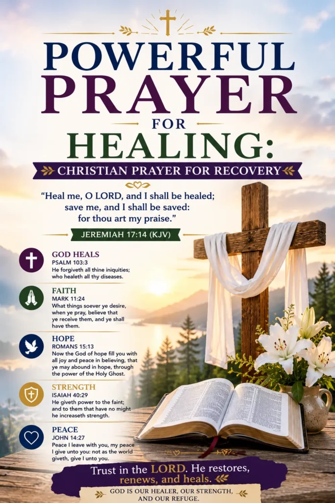 Pinterest image featuring Powerful Prayer for Healing with a wooden cross, open Holy Bible, mountain sunrise, white lilies, and Jeremiah 17:14 (KJV), symbolizing God's healing and restoration.