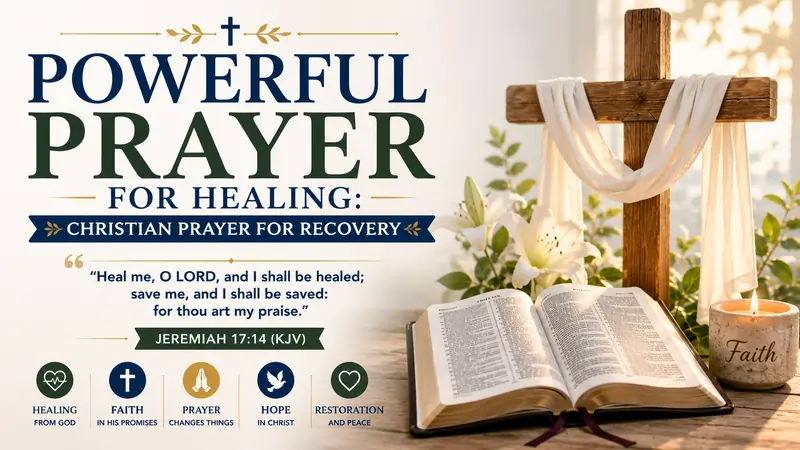 Powerful Prayer for Healing featured image with a wooden cross, open Holy Bible, white lilies, sunrise, and Jeremiah 17:14 (KJV), symbolizing God's healing and restoration.