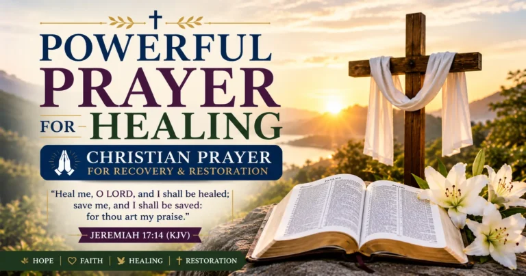 Powerful Prayer for Healing featured image with a wooden cross, open Holy Bible, white lilies, sunrise, and Jeremiah 17:14 (KJV), symbolizing God's healing and restoration.