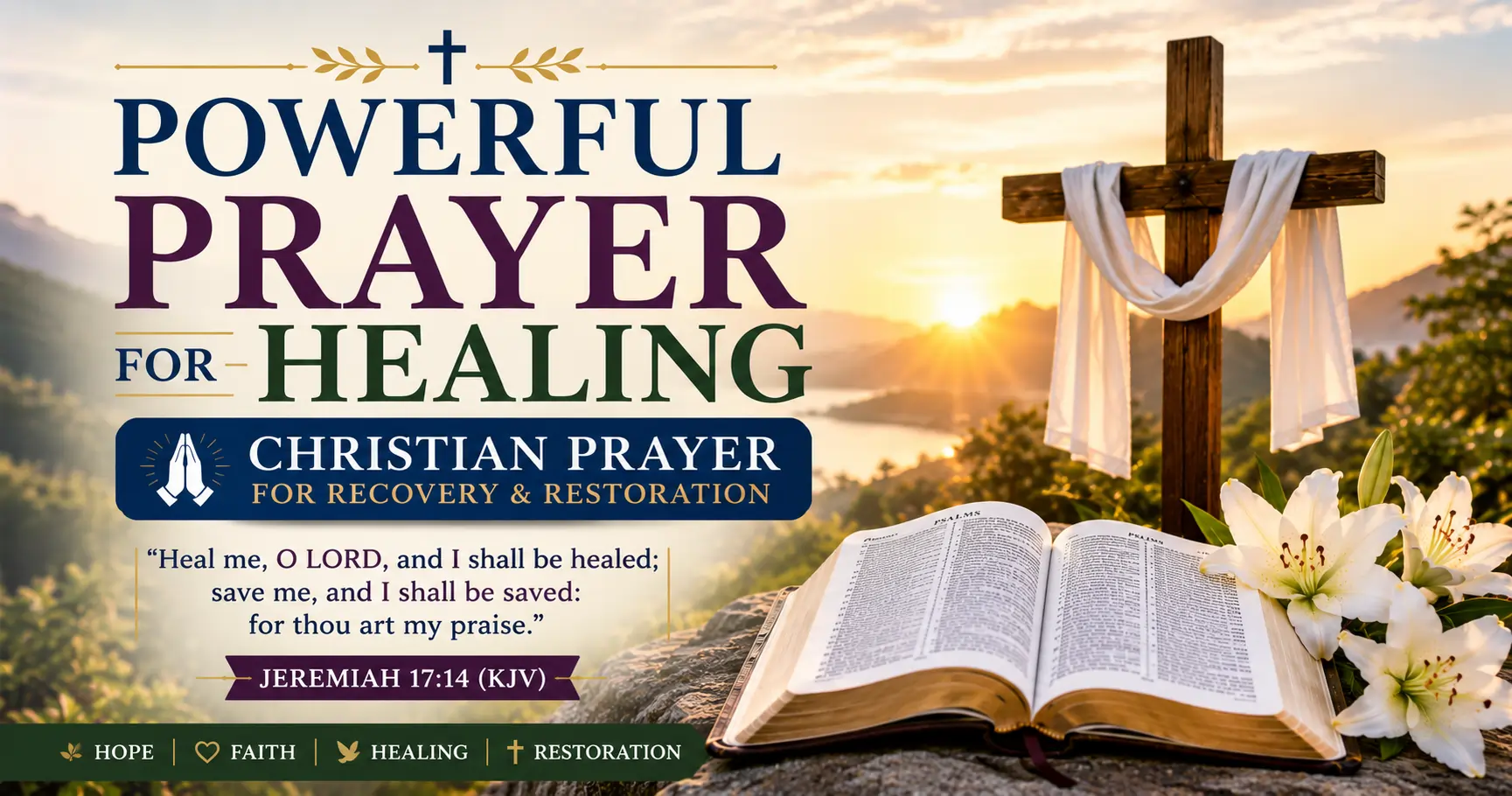 Powerful Prayer for Healing featured image with a wooden cross, open Holy Bible, white lilies, sunrise, and Jeremiah 17:14 (KJV), symbolizing God's healing and restoration.
