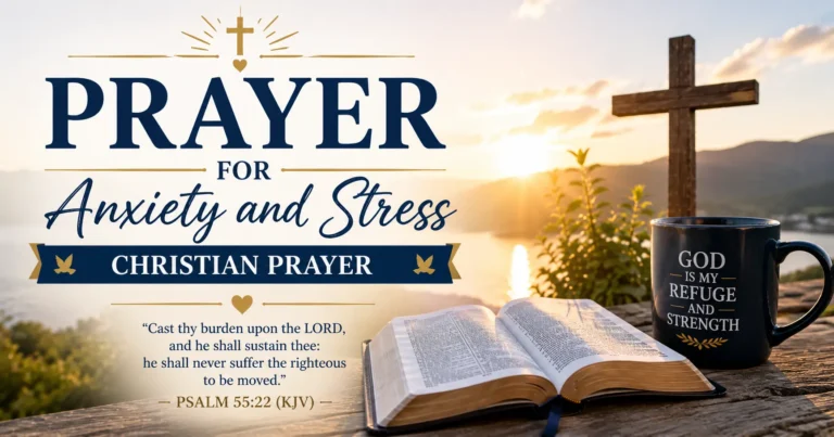 Prayer for Anxiety and Stress (Christian Prayer) featuring an open Bible, wooden cross, peaceful sunrise, and a calming Christian background.