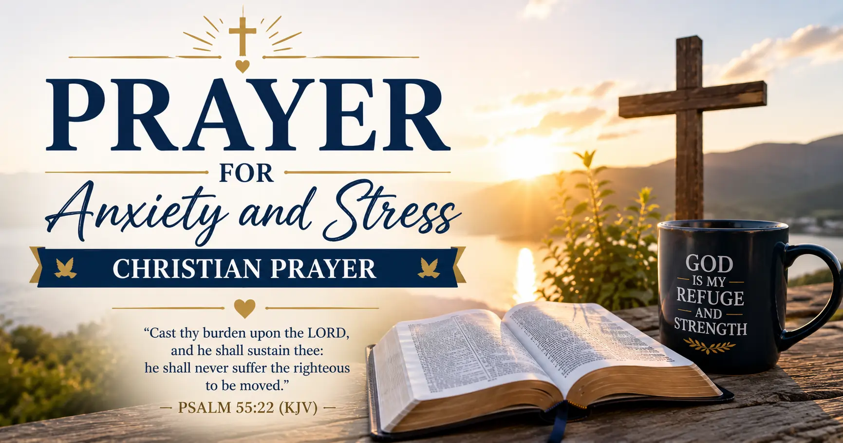 Prayer for Anxiety and Stress (Christian Prayer) featuring an open Bible, wooden cross, peaceful sunrise, and a calming Christian background.