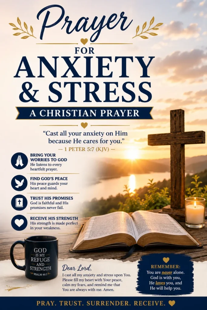 Pinterest image for Prayer for Anxiety and Stress featuring an open Bible, wooden cross, candle, peaceful sunrise, and Christian prayer message.