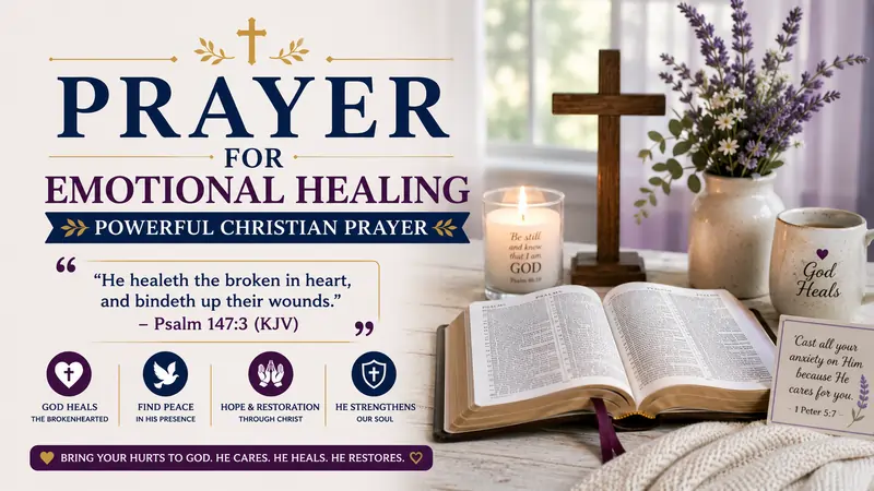 Prayer for emotional healing. And image of a wooden cross, Bible open to Holy scriptures, lit candle, peaceful sunrise over a lake, white lilies and Psalm 147:3 (KJV).