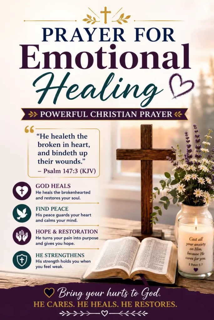Pinterest image featuring Prayer for Emotional Healing with a wooden cross, open Holy Bible, candle, fresh flowers, soft window light, and Psalm 147:3 (KJV), symbolizing God's peace, comfort, and emotional restoration.
