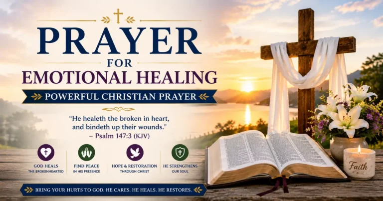 Prayer for Emotional Healing featured image with a wooden cross, open Holy Bible, peaceful sunrise over a lake, white lilies, lit candle, and Psalm 147:3 (KJV), symbolizing God's comfort and restoration.