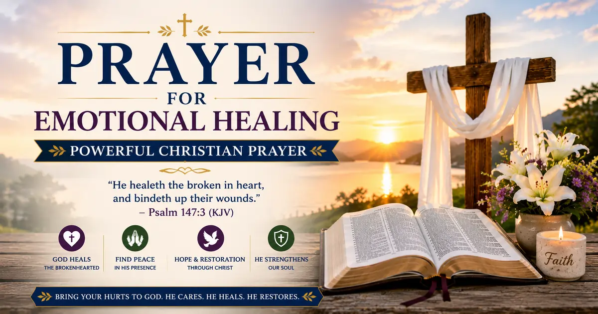 Prayer for Emotional Healing featured image with a wooden cross, open Holy Bible, peaceful sunrise over a lake, white lilies, lit candle, and Psalm 147:3 (KJV), symbolizing God's comfort and restoration.