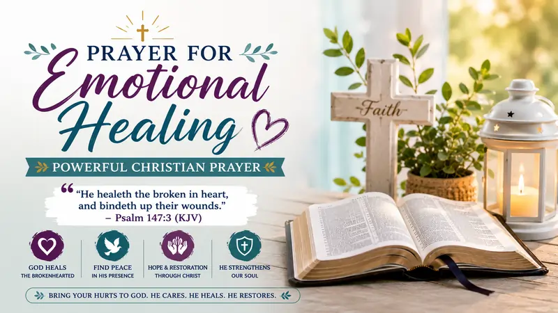Prayer for Emotional Healing. The featured image includes a wooden cross, opened Holy Bible, peaceful sunrise over a lake, white lilies, a lighting candle, and God's promise of Psalm 147:3 (KJV).