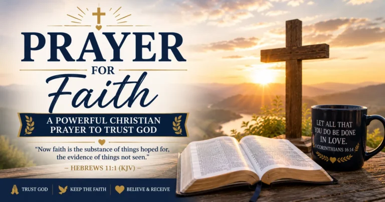 Prayer for Faith (Powerful Christian Prayer to Trust God) featuring an open Bible, wooden cross, peaceful sunrise, and a faith-filled Christian background.