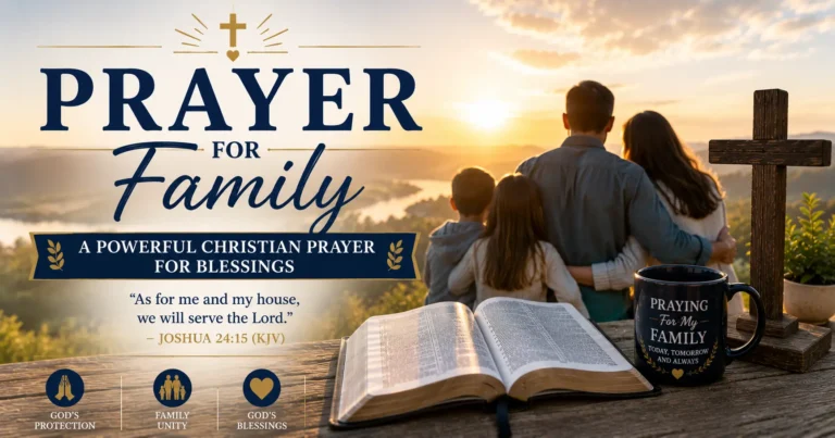 Prayer for Family (Powerful Christian Prayer for Blessings) featuring an open Bible, wooden cross, a praying family, and a peaceful sunrise symbolizing God's love and protection.
