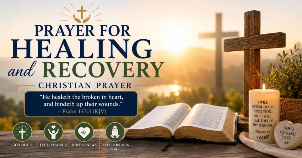 Prayer for Healing and Recovery (Christian Prayer) featuring an open Bible, wooden cross, candle, and peaceful sunrise symbolizing God's healing, hope, and restoration.