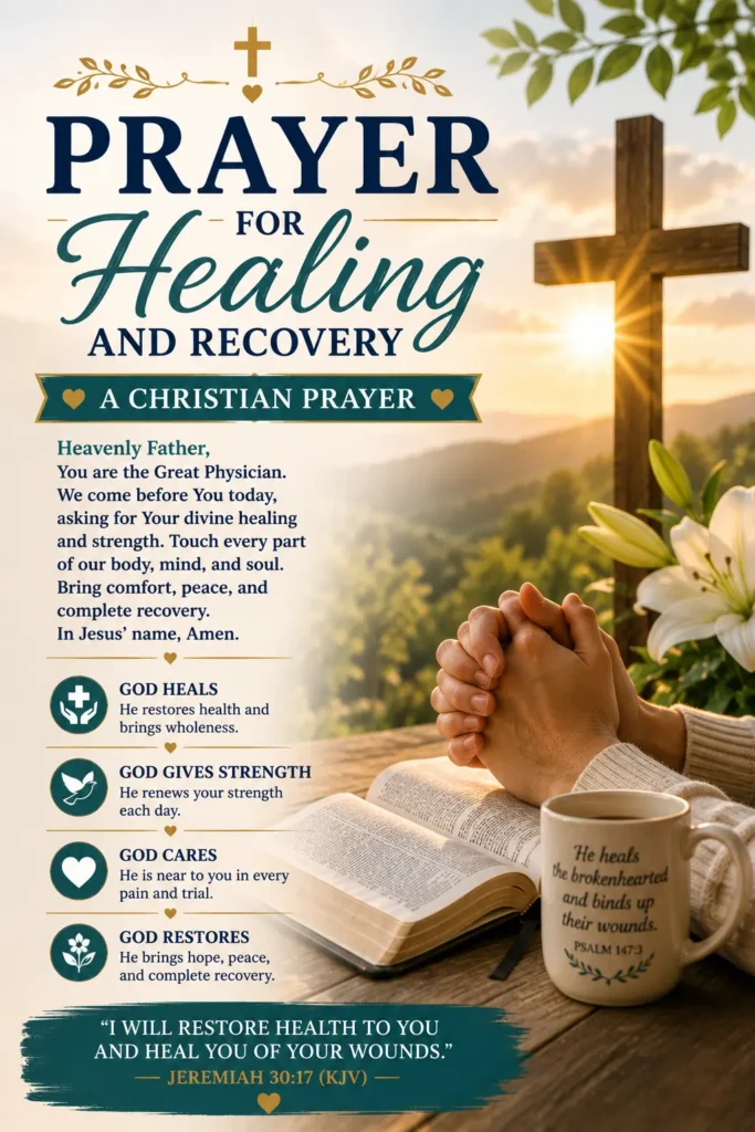 Pinterest image for Prayer for Healing and Recovery (Christian Prayer) featuring an open Bible, praying hands, wooden cross, white lilies, and a peaceful sunrise symbolizing God's healing and hope.