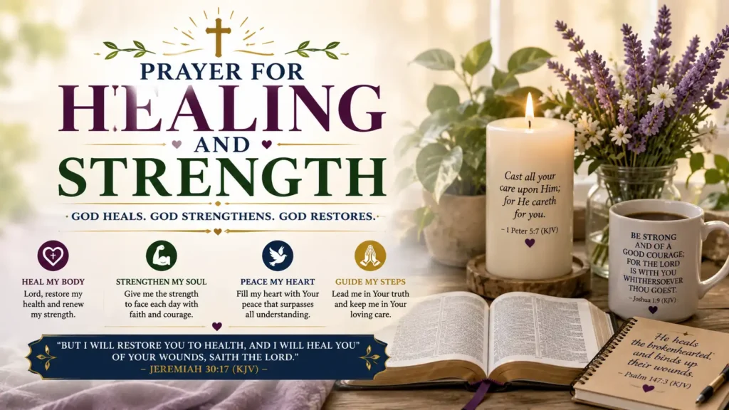 Healing and Strength prayer thumbnail image shows a wooden cross with opened Holy Bible and sun rising over mountains with white flowers and Jeremiah 30;17 (KJV). As well as God's healing and strength it remind us God's faithfulness.