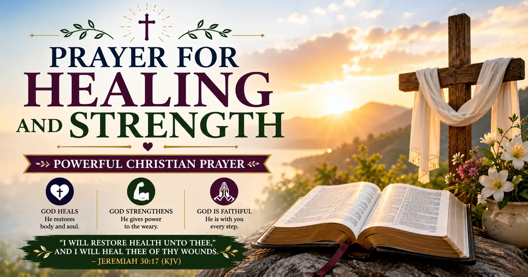Prayer for Healing and Strength featured image showing a wooden cross, open Holy Bible, sunrise over mountains, white flowers, and Jeremiah 30:17 (KJV), symbolizing God's healing, strength, and faithfulness.