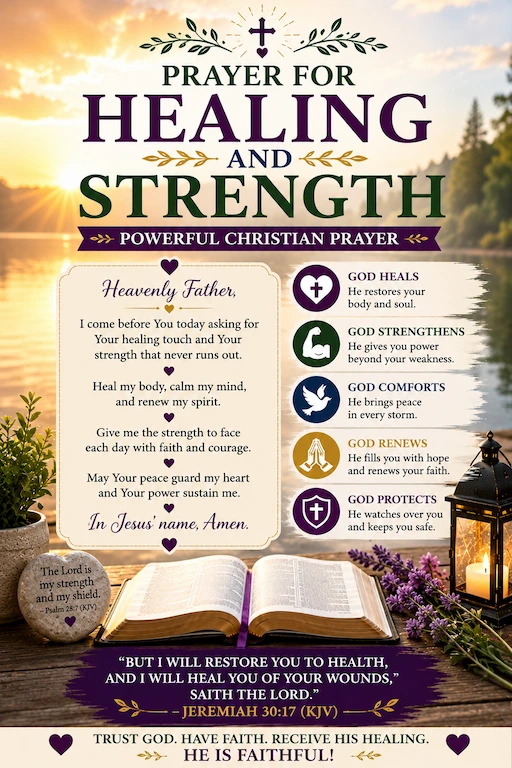 Prayer to Heal and Be Strong3 part image for Prayer for Healing and Be strong9 depicting a piece of wooden cross and Holy Bible opened to Jeremiah 30:17 God heals, heals and deliver you9 with rocky mountains, sun rise, white flowers.