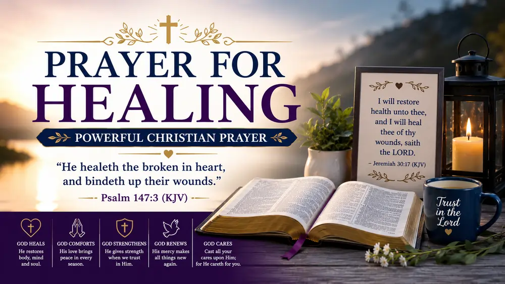 Photo for Prayer for Healing KJV showing open Holy Bible, wooden cross, shining candle, white lily, mountain sunrise, and Psalm 147:3 (KJV)-expressing God's healing, comfort, peace, and restoration.