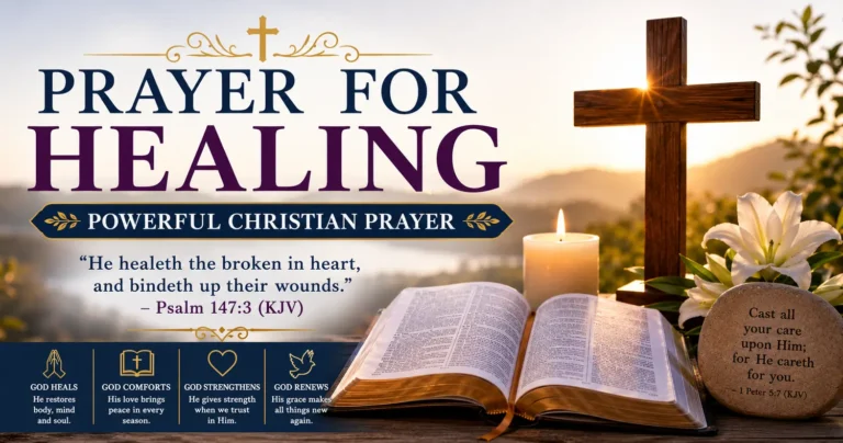 Featured image for Prayer for Healing KJV featuring an open Holy Bible, wooden cross, glowing candle, white lily, mountain sunrise, and Psalm 147:3 (KJV), representing God's healing, comfort, peace, and restoration.