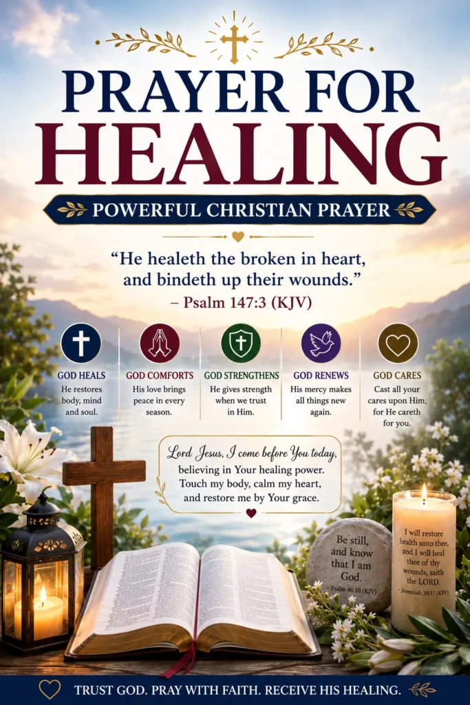 Main image for Prayer for Healing KJV with Bible open on God's healing, comfort, peace & restoration with Holy Bible open,Wishing cross, glowing candle, white lily, mountain sunrise, Psalm 147:3 KJV