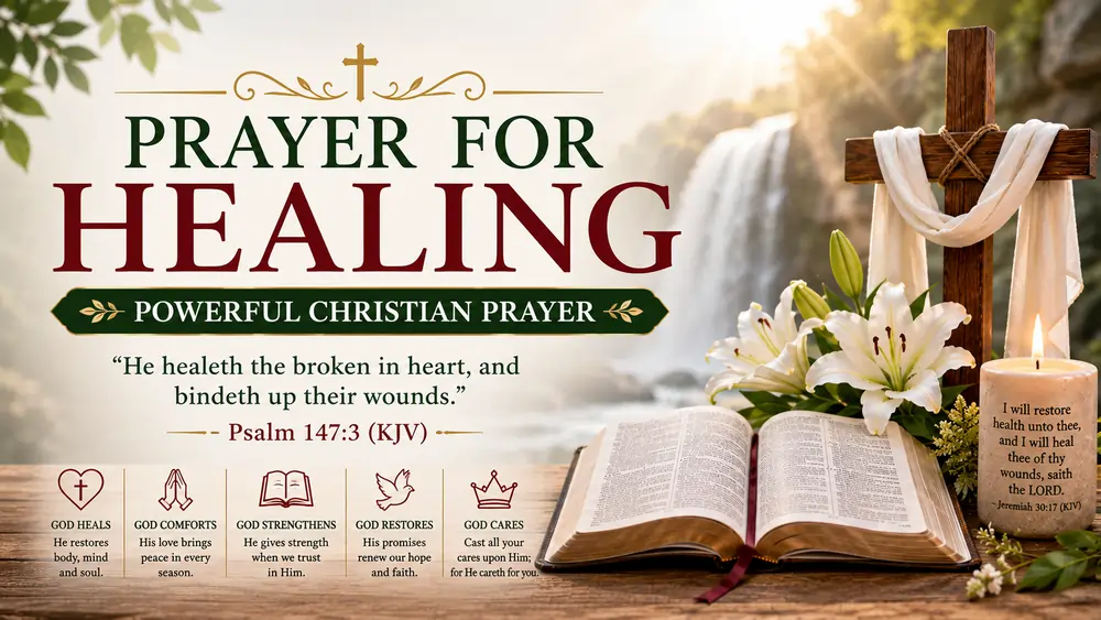 Image for Prayer for Healing KJV showing open Bible Holy, church cross, burning candle, lily white, sunrise mountain, and 147v3 (KJV) for God's more.