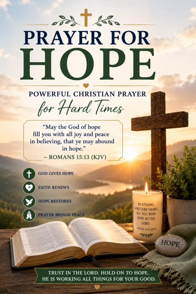 Pinterest image for Prayer for Hope (Powerful Christian Prayer for Hard Times) featuring an open Bible, wooden cross, candle, sunrise, and an encouraging Christian prayer.