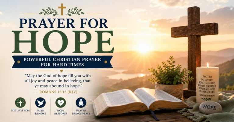 Prayer for Hope (Powerful Christian Prayer for Hard Times) featuring an open Bible, wooden cross, glowing candle, and sunrise symbolizing God's hope, peace, and faithfulness.