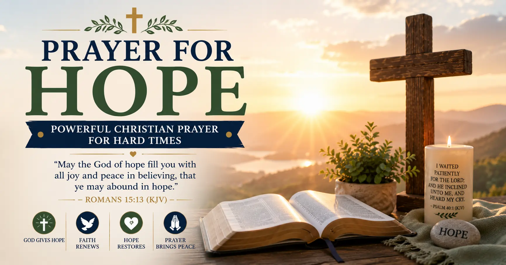 Prayer for Hope (Powerful Christian Prayer for Hard Times) featuring an open Bible, wooden cross, glowing candle, and sunrise symbolizing God's hope, peace, and faithfulness.