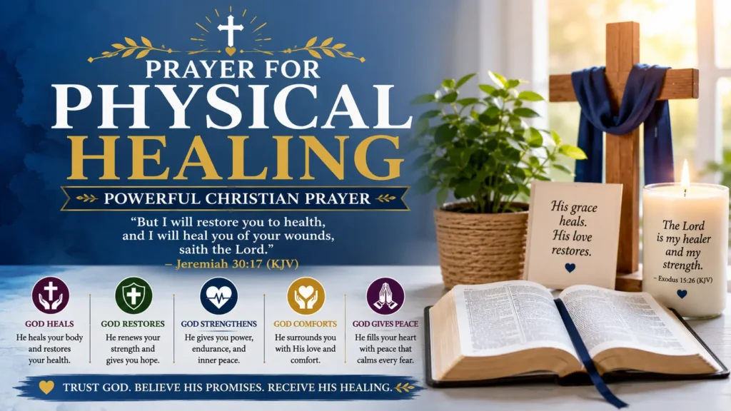 Prayer for Physical Healing prayer image a beautiful woodworking a cross with bible and the sun rising, beside it a bouquet of white lily flowers, and a stunning spiritual devotional prayer to ask for miraculous healing.