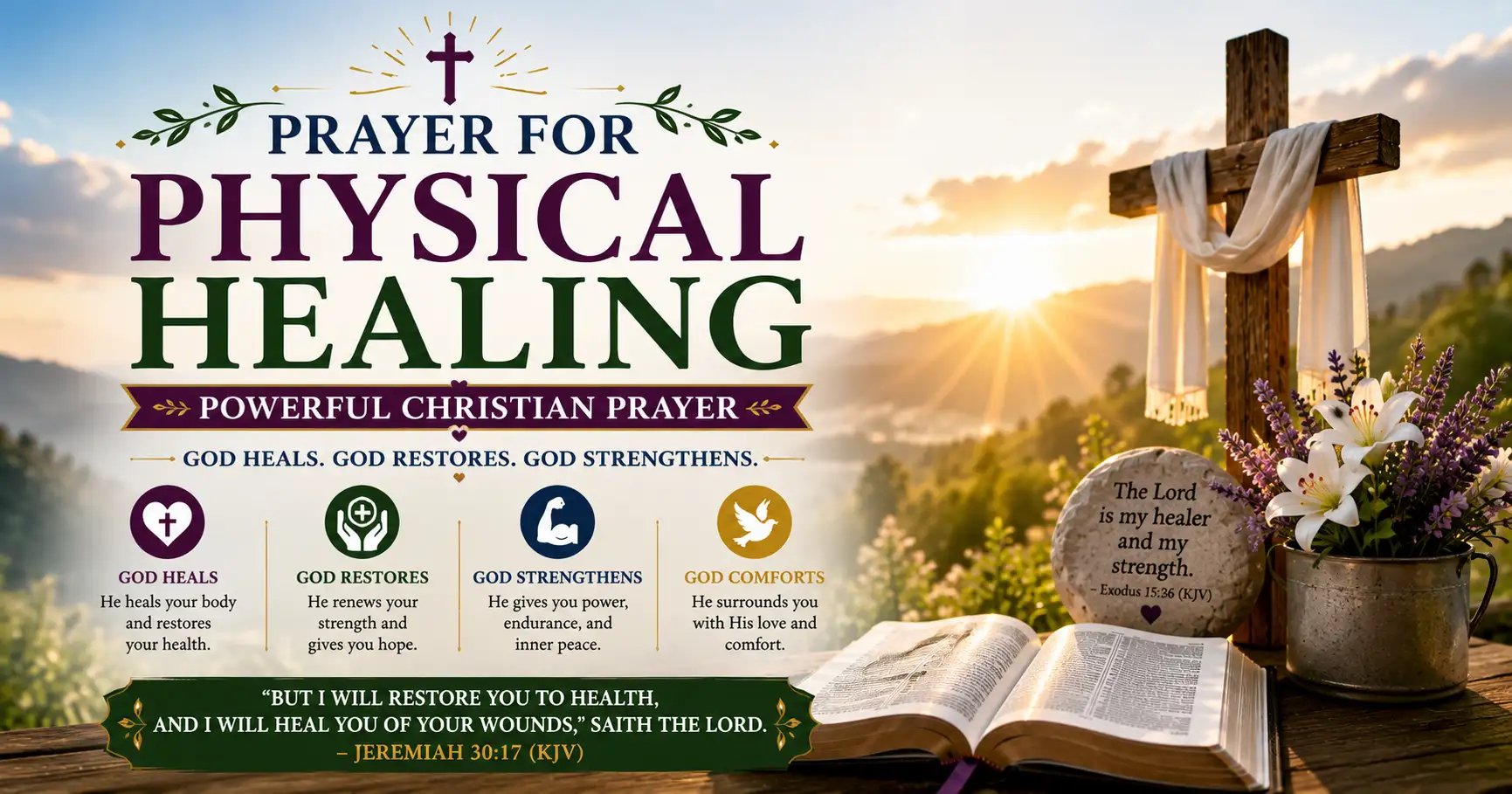 Prayer for Physical Healing featured image showing a wooden cross, open Bible, sunrise, white lilies, and an inspiring Christian healing prayer with KJV Bible verse.