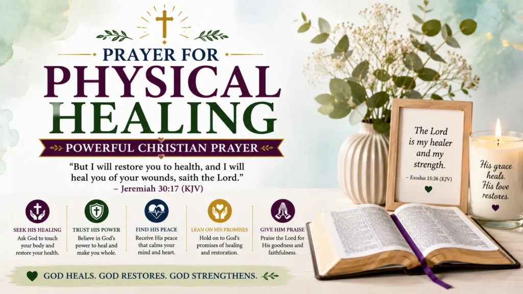 The "Prayer for Physical Healing” feature image shows wood cross, bible that is open, sunrise, white lilies, scripture that supports the christian faith, and the KJV bible verse.