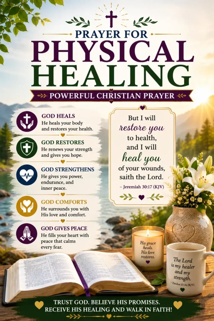 A Pinterest image featuring a powerful Christian prayer for physical healing with an open Bible, white lilies, candle, peaceful mountain lake, and Jeremiah 30:17 (KJV), symbolizing God's healing, restoration, peace, and hope.