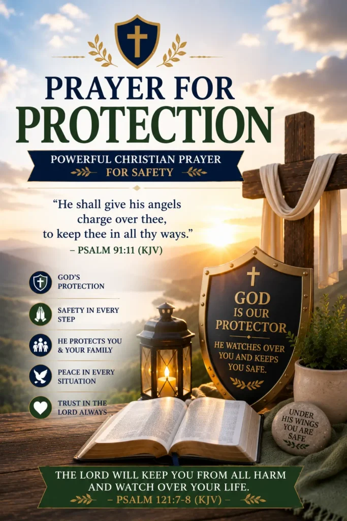 Pinterest image for Prayer for Protection (Powerful Christian Prayer for Safety) featuring an open Bible, wooden cross, protective shield, lantern, sunrise, and an encouraging Christian prayer.
