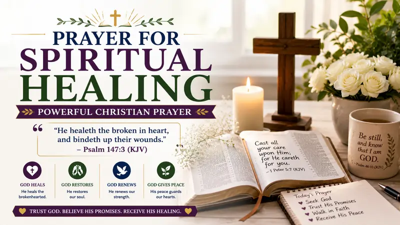 Image of Prayer for Spiritual Healing includes make-shift cross, Holy Bible, calla lily, burning candle, sunrise in mountains, and Psalm 147:3 (KJV) as a reminder of God's peace, comfort and healing.