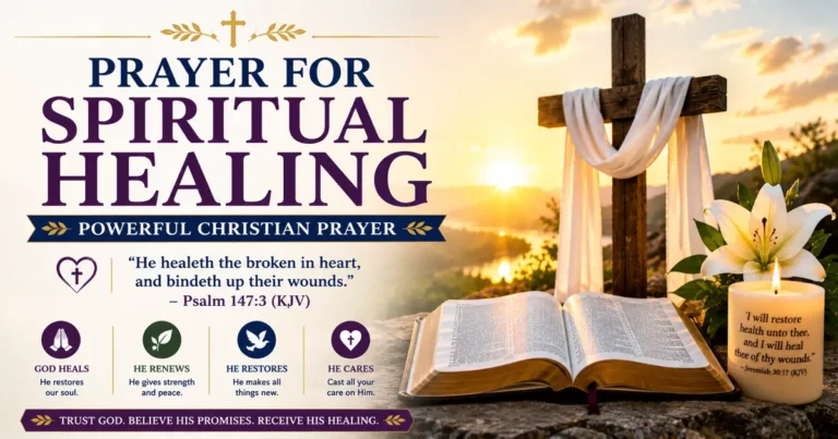 Featured image for Prayer for Spiritual Healing featuring a wooden cross, open Holy Bible, white lily, glowing candle, mountain sunrise, and Psalm 147:3 (KJV), symbolizing God's peace, healing, and spiritual restoration.