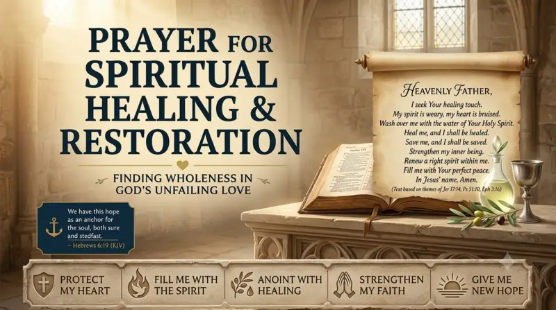 Cover image Prayer for Spiritual Healing with Cross, Holy Bible, lily, candle, mountain sunrise, and Psalm 147:3 (KJV)heart peace, well-being and spiritual fixing and healing a repentant soul.