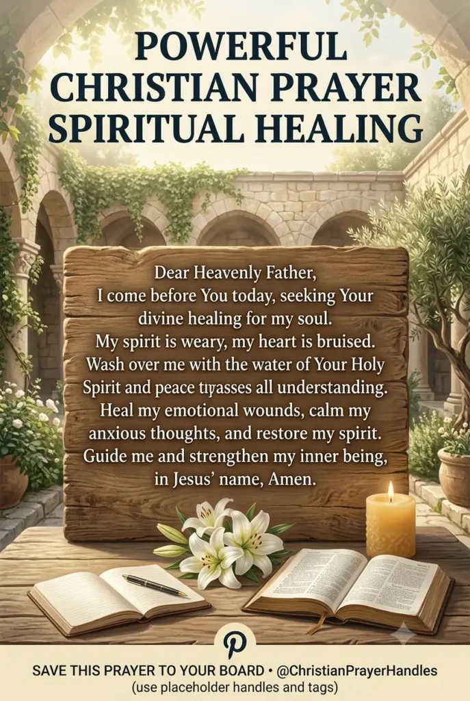 A Pinterest image displaying a mighty Christian Prayer for Spiritual Healing together with an open Holy Bible, a wooden cross, sunrise, white dove, olive branches, shining candle and Psalm 147:3. KJV. The arch of God's peace and healing is among her.