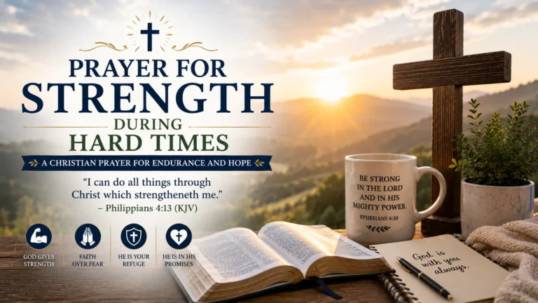 Prayer for Strength During Hard Times (Christian) featuring an open Bible, wooden cross, sunrise, coffee mug, and peaceful Christian background symbolizing God's strength and hope.